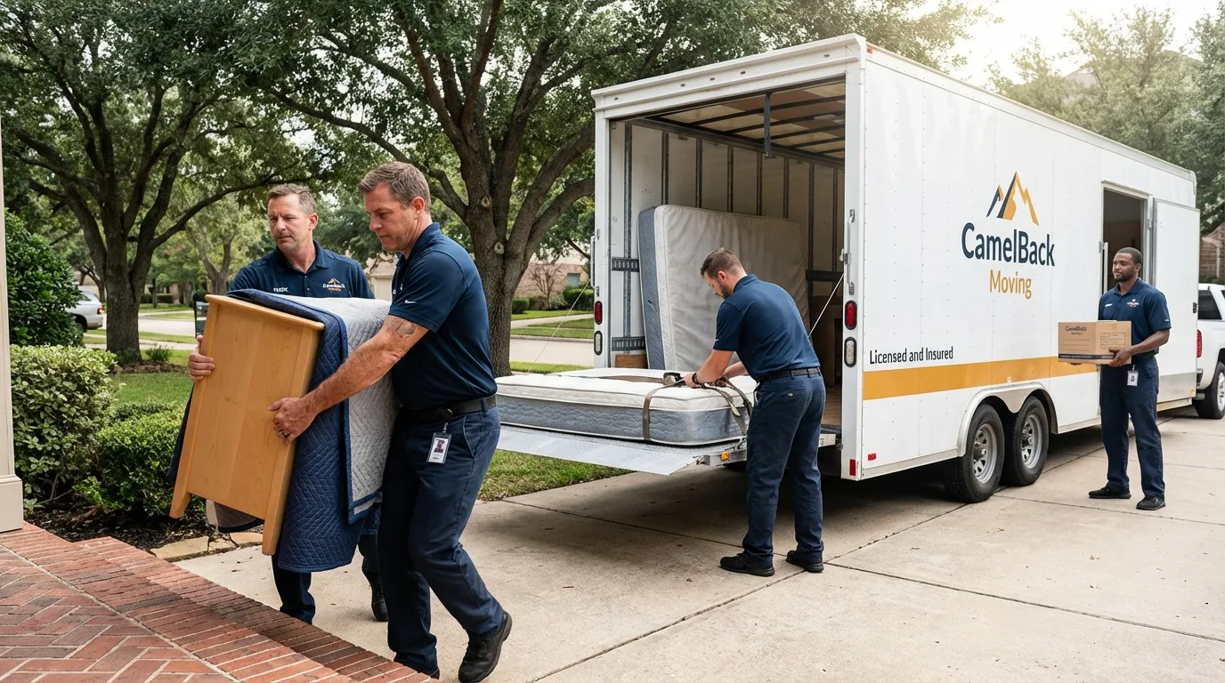 Crew loading residential truck for cross-state move from Farmersville, TX