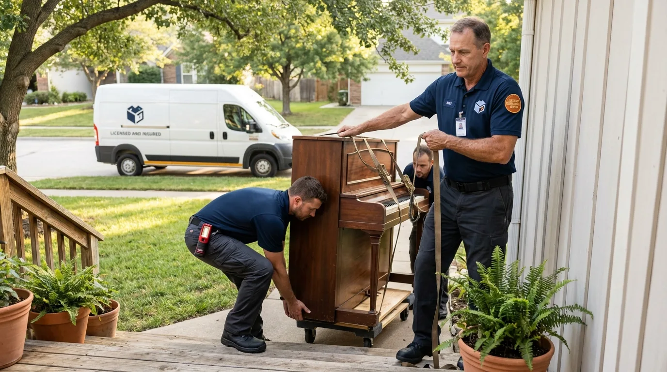 Licensed piano movers securing grand piano in Farmersville, TX