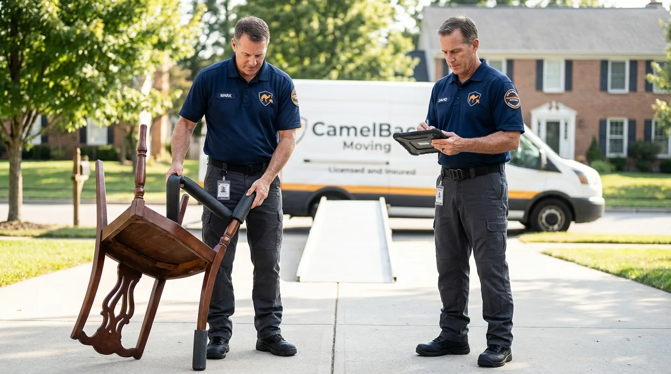 Movers inspecting furniture for damage prevention before loading in Farmersville, TX