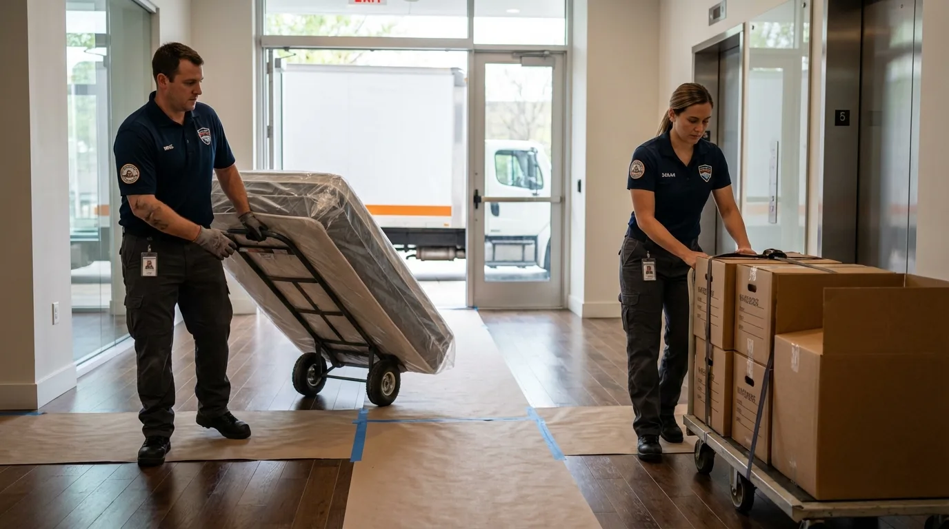 Professional apartment movers loading elevator in Farmersville, TX