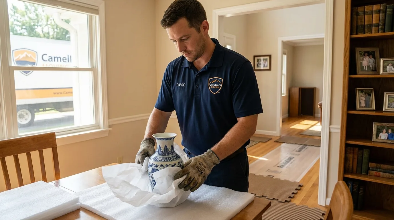 Professional crew carefully wrapping antique vase for senior downsizing move in Farmersville, TX